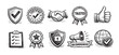 © Bogdan - Hand drawn illustration depicting a set of trust, quality assurance, and approval related icons for website, graphic design, and marketing material. Black and white sketch style.