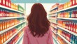 © miss irine - Woman walks through grocery store aisles, choosing products from shelves stocked with colorful items. Deciding on purchases in retail environment. Scene shows consumer making choices in supermarket.