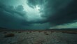 © miss irine - Dark storm clouds gather over cracked earth and sparse brush. Distant mountains fade into hazy horizon under ominous grey sky, hinting at coming rain.