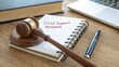© Ramani - Notebook labeled child support with judge's gavel and legal books on desk. Legal process, family law, financial responsibility. Concept of court ruling, custody agreements, and parental financial