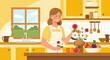 © Robert - Cheerful Woman Arranging Flowers in a Vase on a Sunny Kitchen Counter, Creating a Warm and Inviting