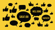 © ZAENAL - Collection of thumbs up gestures and positive feedback speech bubbles with 'Great Job', 'Well Done', 'Fantastic' on a bright yellow background.