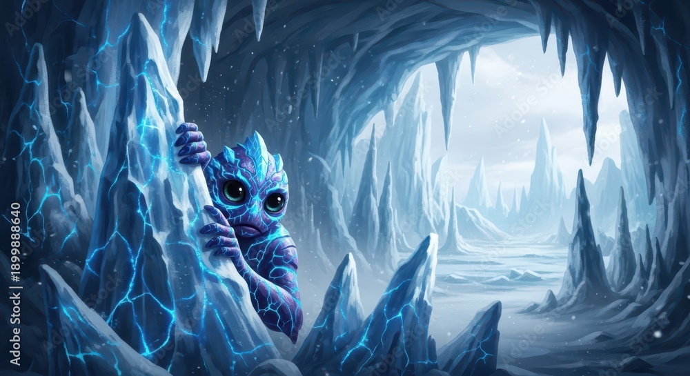 Small, glowing, alien creature peeks out from behind luminous ice ...