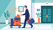 © Salma - A professional bellhop, dressed in uniform, is walking through a hotel lobby, pushing a luggage cart stacked with suitcases.