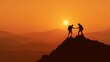 © mila103 - Silhouetted hikers helping hand on mountain summit at sunset.