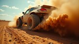 Racing car speeding on desert terrain kicking up large dust cloud from rear wheels viewed from behind