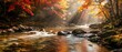 © Yuliia - Autumn forest stream with vibrant red and orange foliage, sunlight rays filtering through trees, peaceful water flowing over rocks creating serene nature scene.
