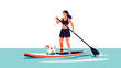 © Jack - Active woman maintains her balance on a paddleboard in the ocean while her small pet dog stands faithfully at the front of the board for fun.