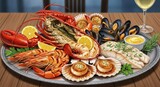 Lavish platter presents assortment of cooked crustaceans mollusks and white fish fillets