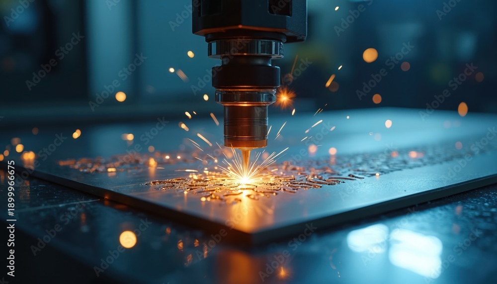 Automated laser cutter etches metal plate with intricate pattern. Sparks fly as machine works on industrial material. Precision manufacturing in factory workshop.