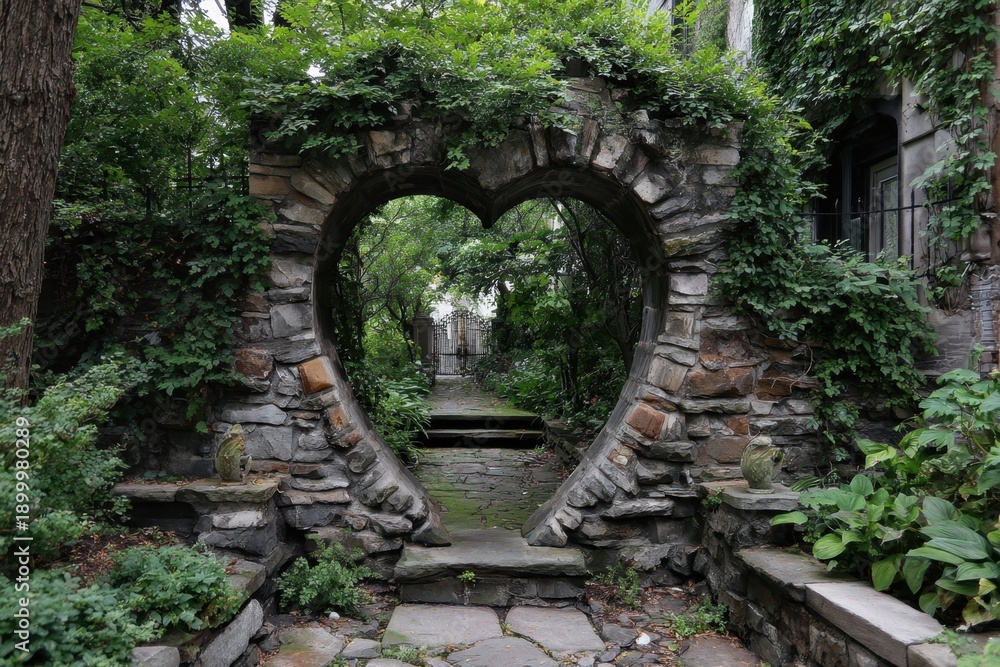 Stone heart archway leading to a hidden garden path