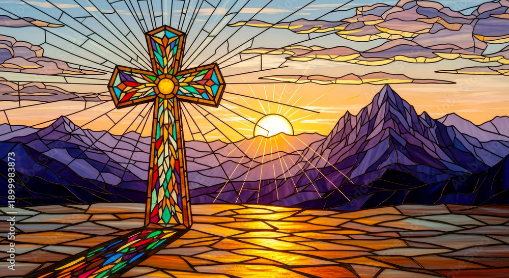 Stained glass mosaic with cross and mountain landscape. Religious ...