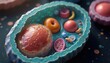 © Vadym - Close-up 3D render of human cell interior. Vibrant organelles float within cytoplasm. Detailed cell model shows nucleus mitochondria endoplasmic reticulum and ribosomes, life science.