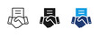 © Chelpanoff - Business agreement icon with handshake and document. Symbol of contract signing, partnership, deal approval, negotiation, cooperation and legal business transaction in corporate context.