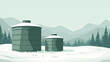 © Mira Asami - Flat illustration of insulated water storage containers in winter environment. Simple realistic shapes and muted green grey palette