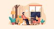 © Gerhana - Couple relaxing indoors with a dog, enjoying technology and home comforts
