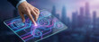 © tonstock - Businessman using a digital tablet with legal technology interface showing scales of justice and law icons.