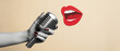 © tonstock - Creative paper collage of a hand holding a vintage microphone next to an open red mouth for podcasting and music concepts.
