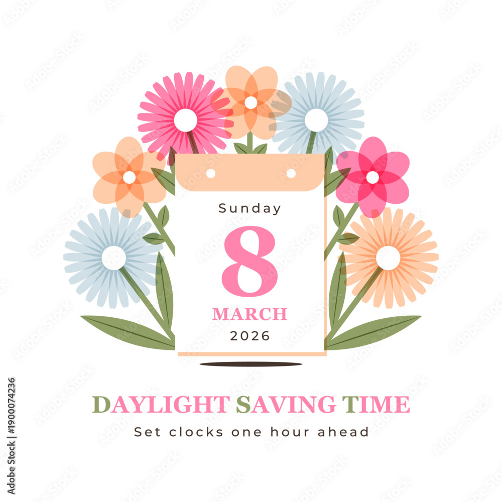 Spring Forward 2026 March 8. Daylight saving time poster with calendar ...