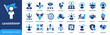 © Chelpanoff - Leadership icon set with 25 vector icons. Management, motivation, teamwork, delegation, training, mentoring, trust and influence symbols for HR, corporate leadership, business UI, web and app design.