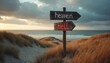 © Vadym - Wooden signpost points to heaven and hell on a sandy beach with ocean waves and cloudy sky. Choice between afterlife destinations shown on weathered wood.