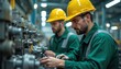 © Vadym - Two male engineers in hard hats, work uniforms perform maintenance on complex machinery within manufacturing plant. Focused workers check systems, ensuring operational efficiency, safety protocols