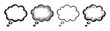 © David - Four hand-drawn black and white thought bubbles in a rough sketch style, with various hatching and shading techniques for representing ideas, dreams, or comic book dialogue