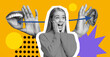 © Prostock-studio - A collage features two hands and a mouth on one side, while a surprised face is in the center. An ear and colorful shapes create a lively atmosphere. The setting highlights communication.