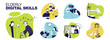© alexdndz - Elderly digital skills concept set for web design. Collection with people help grandparents in listen music, take photos, online learning, virtual reality, video calling, more. Vector illustration.