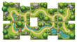 © sweet.love.com - Vector cartoon top-down game map tiles with trees, rocks, rivers, bridges, and paths, isolated on white