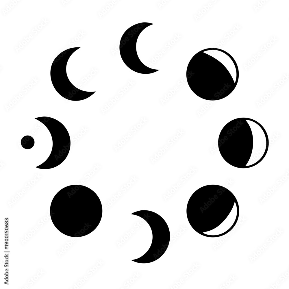Minimalist moon phases cycle illustration, black and white lunar ...