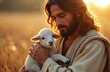 © Vadym - Jesus holds young lamb in arms. Warm sun rays shine on his face and fluffy white animal. Shepherd cares for innocent creature in golden field at sunset. Love and compassion displayed.