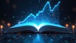 © Pete - Open book glows with blue light revealing upward financial chart growth. Digital data streams flow from pages. Concept of knowledge driving economy success and investment gains.
