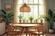 © Pete - Scandinavian style dining room with round wooden table, four wicker chairs, large woven pendant lamp. Sunlight streams through big window illuminating houseplants on sill. Natural light fills airy,