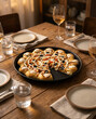 © Bilal - Crown crust stuffed pizza with chicken, olives, peppers served with white wine elegant dining setup