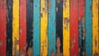 © Pete - Vertical wooden planks show peeling paint in bright red, yellow, black and teal. Weathered, rustic surface has a distressed, aged texture with visible wood grain.