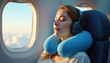© Pete - Young woman listens to music with headphones and neck pillow on airplane. Female passenger sleeps comfortably in seat by window during flight. Enjoying journey resting, traveling by air.