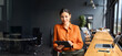 © Stock 4 You - Latin hispanic young woman using pad computer for business app. Busy executive CEO businesswoman professional holding digital tablet pc device for work in office workplace. Web banner, copy space