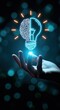 © ArtFocus Studio - Human hand holding a glowing neon lightbulb icon split with a brain outline, symbolizing innovation and creative thinking in the dark.
