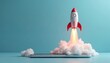 © Viktor - Rocket launches from smartphone with smoke clouds. Concept of mobile app startup success or fast digital innovation and growth. New tech adventure starts.