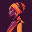 © NoelMatic - Stylized portrait of Black woman in vibrant orange turban and jacket.