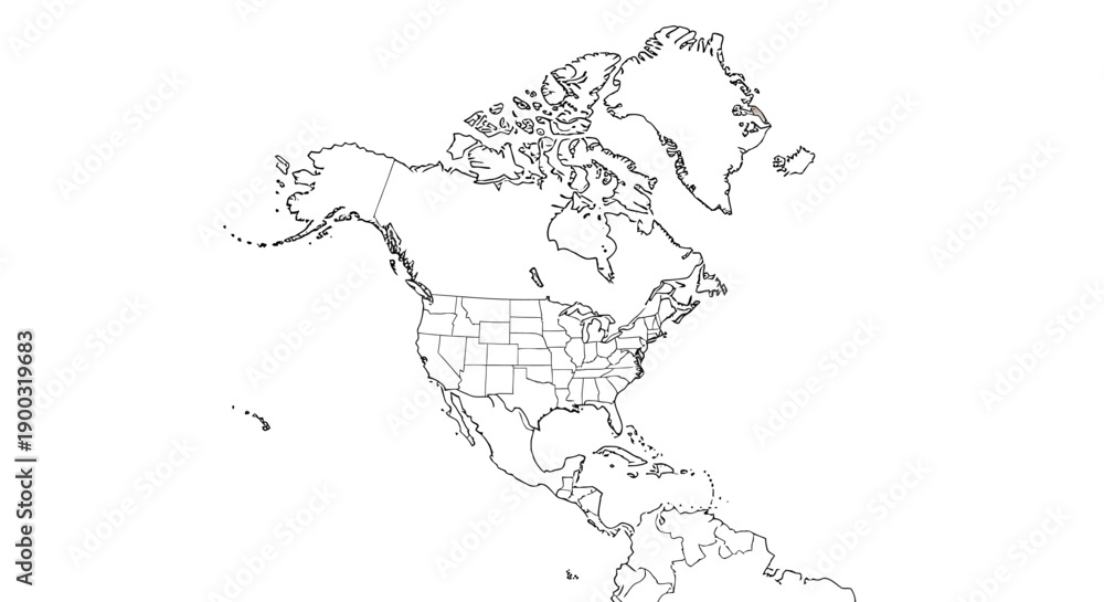 Outline map of North America showing countries and states in black and ...