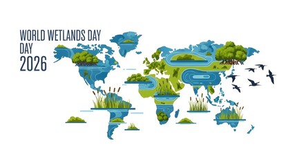  Global Wetlands Ecosystem Map Illustration for Environmental Conservation and Nature Day