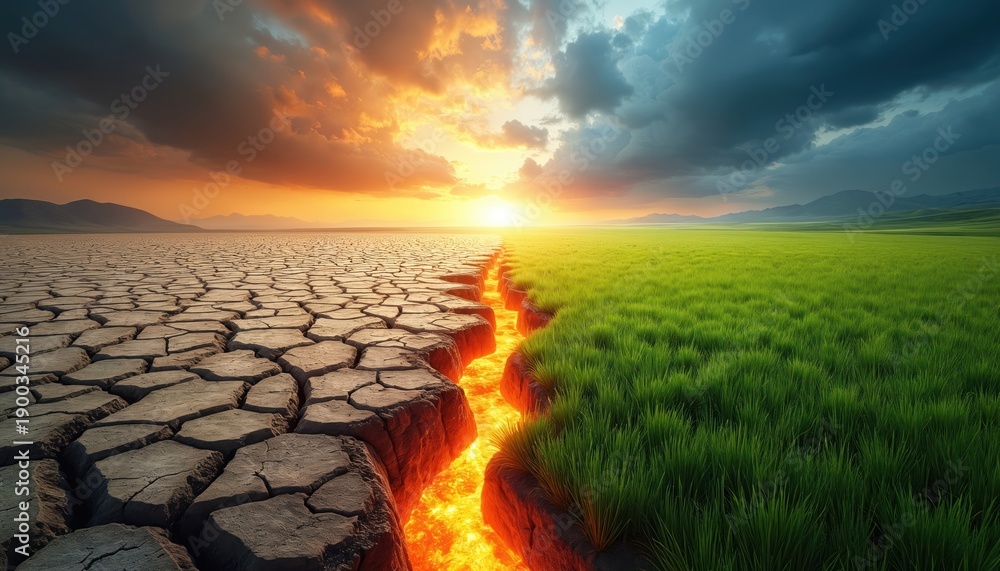 Dry cracked earth splits vibrant green field under dramatic sunrise sky ...