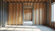 © Viktor - Interior view of unfinished building space. Metal stud framing and osb sheathing form partition walls. Natural light streams in from window onto concrete floor. New home construction.