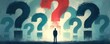 © Viktor - Man in suit stands surrounded by large question marks feeling small and uncertain. He contemplates unknown future decisions challenges and risks in his career path.