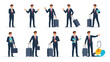 © Zashim - Diverse collection of businessman illustrations posing with luggage, briefcase, and documents in various travel scenarios, representing business trips, corporate travel, and professional mobility.