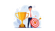 © Zashim - Smiling businessman proudly stands beside a golden trophy and a bullseye target with a direct hit, symbolizing achievement, success, and goal accomplishment.