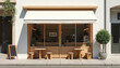 © Maryna - Minimalist coffee shop exterior features wooden accents and outdoor seating. A blackboard menu stands by the entrance inviting customers for a warm drink and fresh pastry. Clean modern cafe design.
