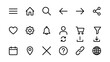 © Md - Minimalist Vector Set of Essential User Interface Navigation Line Icons for Web and App Design. Includes Home, Search, Settings, Shopping Cart, Heart, Calendar, Location, and Social Media Symbols.
